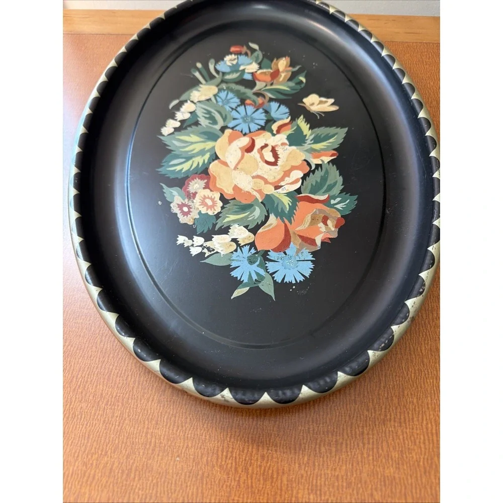 Vintage Hand Painted Tole Toleware Floral Metal Tray Decor Cottagecore